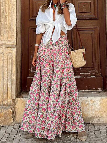 Woochic jupe longue imprimé à fleurie taille haute femme bohème Rose S